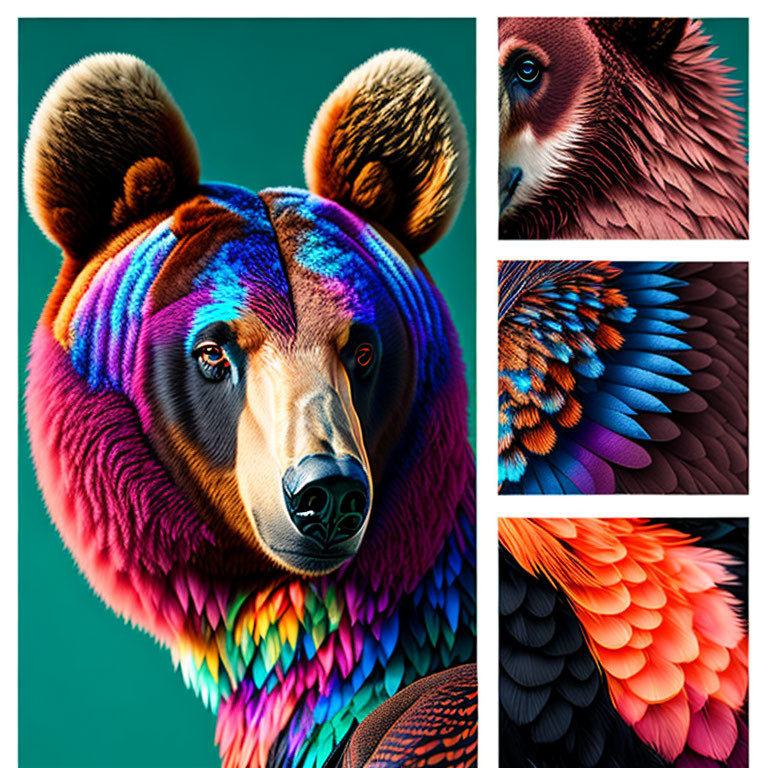 Vibrant digital artwork: Rainbow bear and colorful feathers on teal background