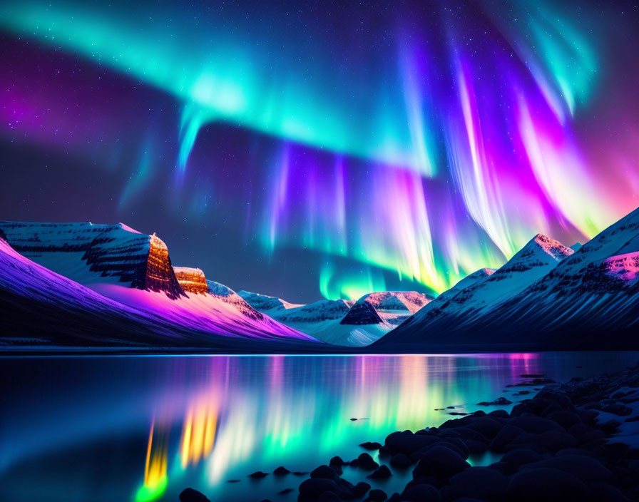 Colorful aurora borealis over snow-capped mountains and lake at night