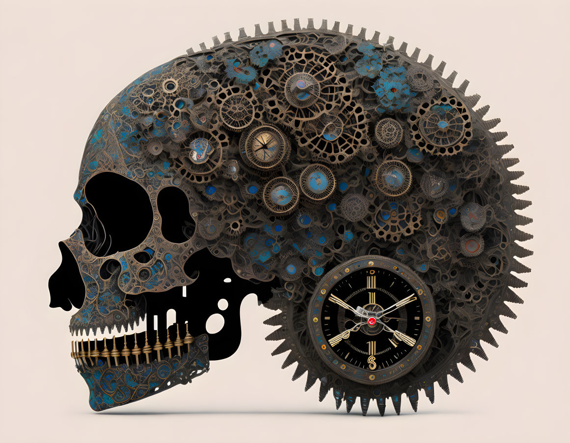 Steampunk style mechanical gear skull with clock on beige background