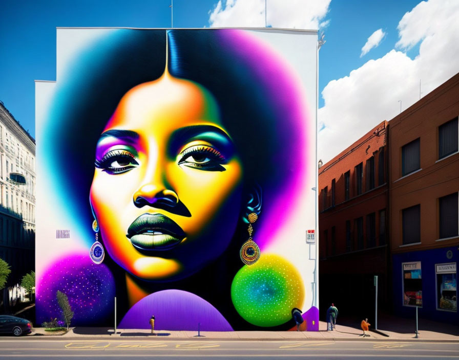 Colorful street mural featuring woman with vibrant hair and makeup, people passing by, and small dog.