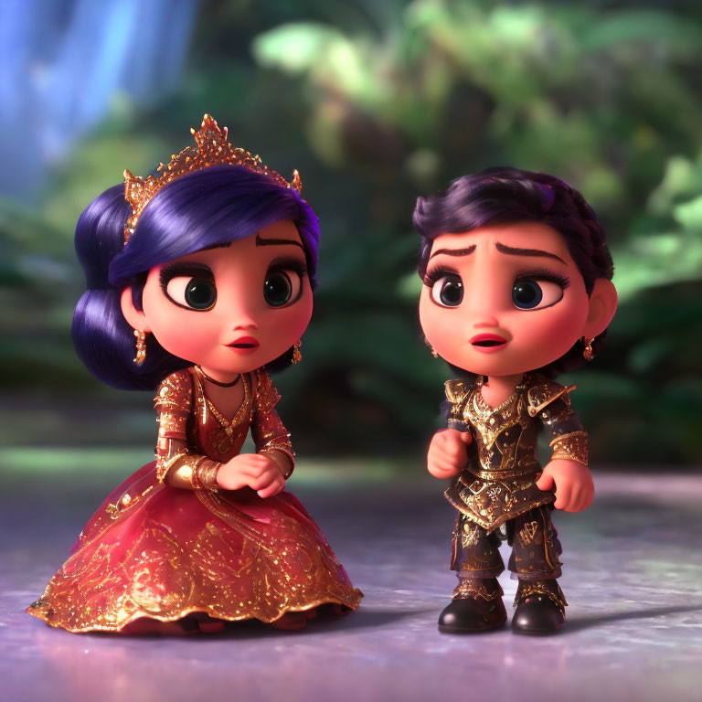 Animated princess and prince in traditional attire in mystical forest.