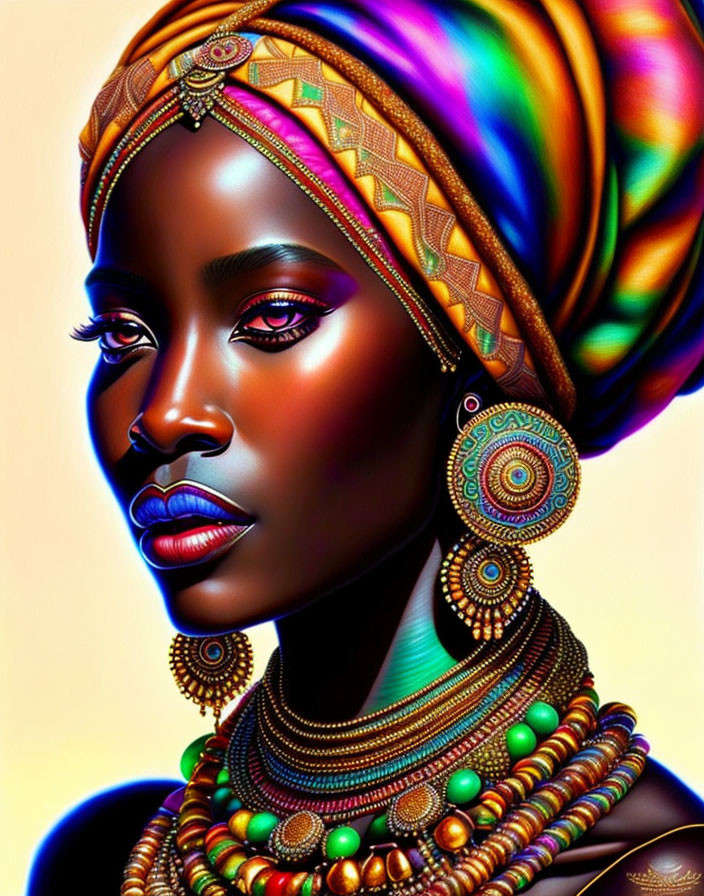 Colorful digital artwork of woman with intricate jewelry and headwrap