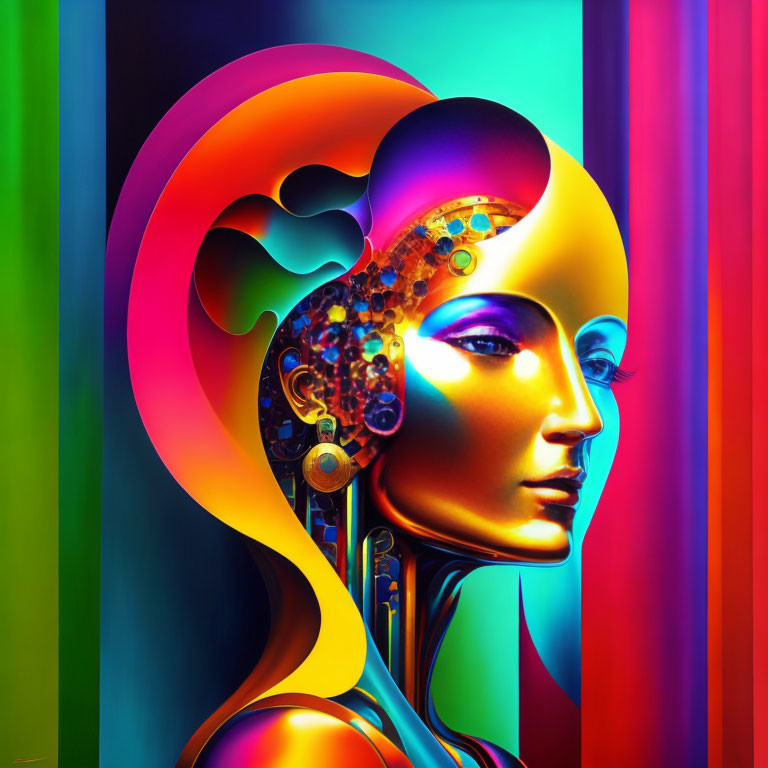 Colorful digital artwork: Female robot head profile with mechanical details on rainbow-striped background