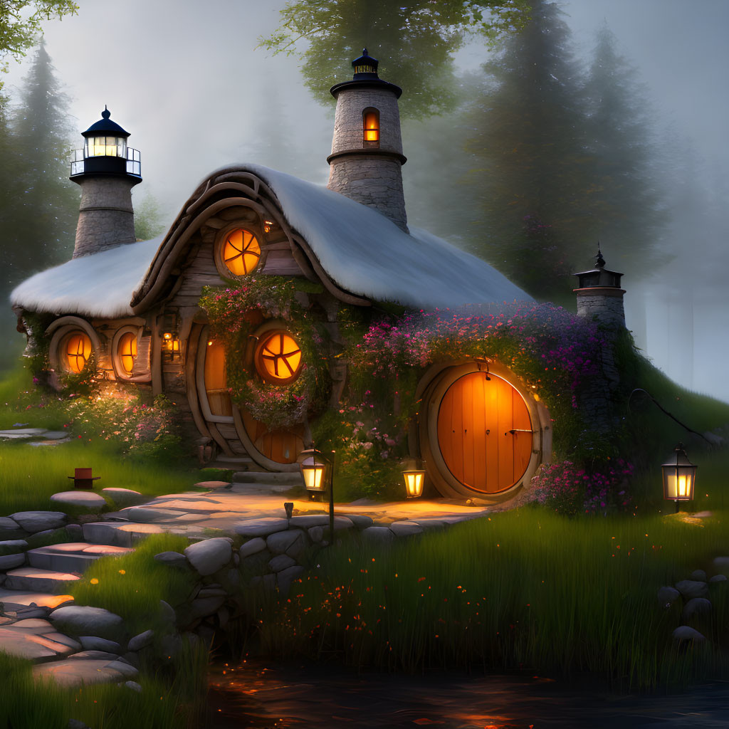 Thatched Roof Cottage with Twin Lighthouses in Misty Forest