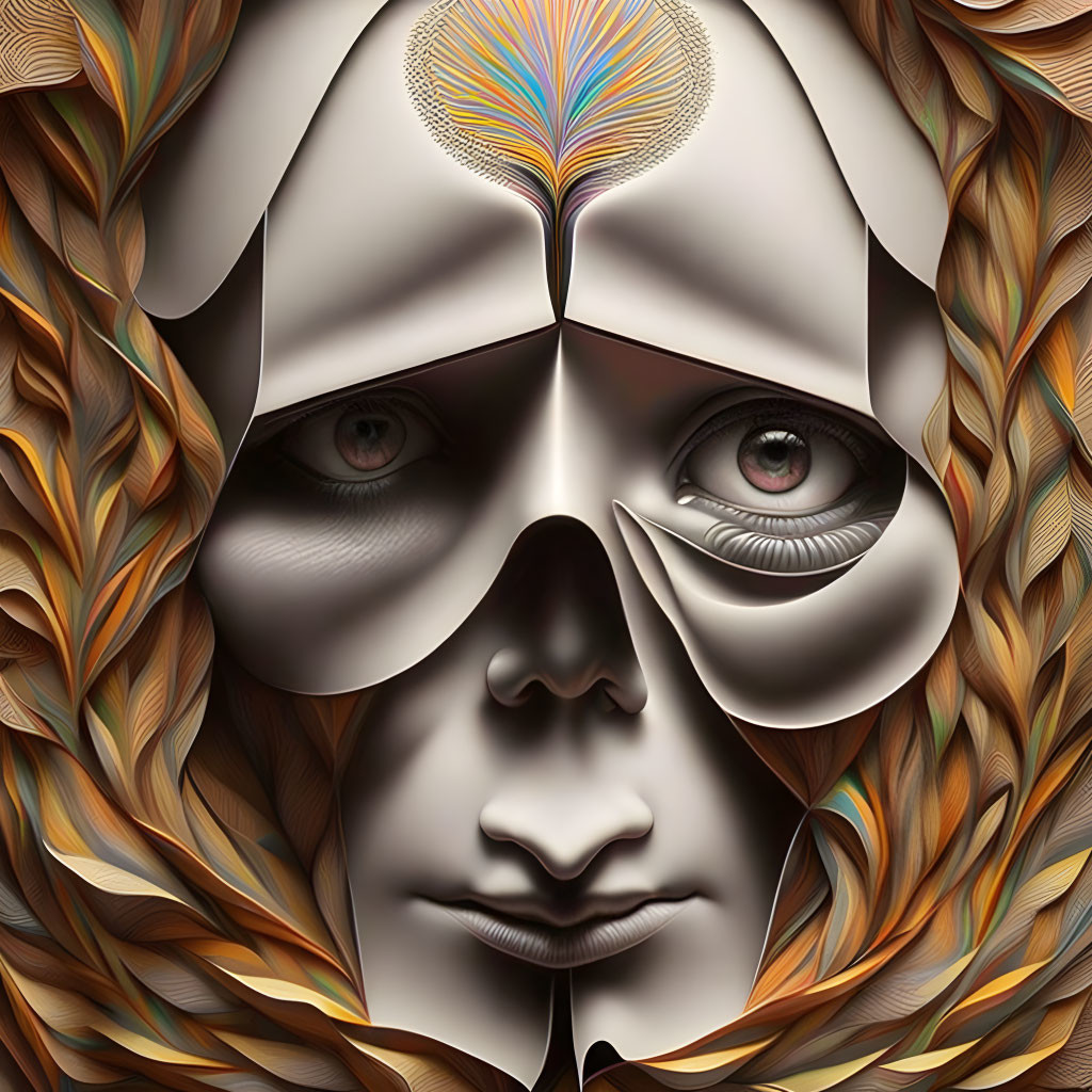 Symmetrical leaf patterns and peacock feather on surreal face portrait