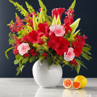 Colorful Flower Bouquet in White Vase with Halved Oranges on Marble Surface