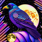 Illustration of stylized raven with intricate patterns on cosmic backdrop