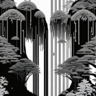 Monochrome optical illusion with mirrored nature scenes and vertical stripes.