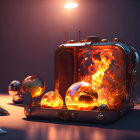 Surreal image: fiery portal, burning globes, suitcase, car key, smartphone