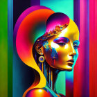 Colorful digital artwork: Female robot head profile with mechanical details on rainbow-striped background