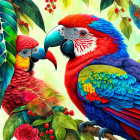 Colorful Parrots Perched on Branch with Green Leaves and Red Berries