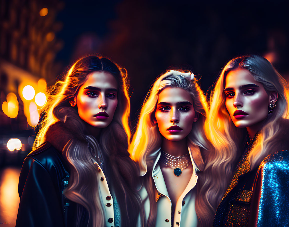 Three women with striking makeup and stylish outfits in urban nightscape.