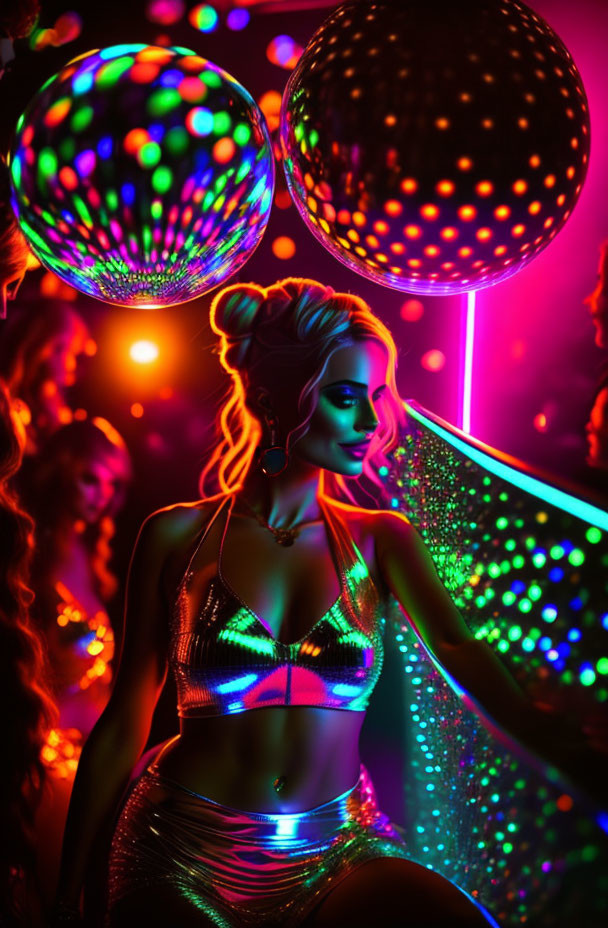 Woman in Glittering Outfit Surrounded by Neon Lights and Disco Balls