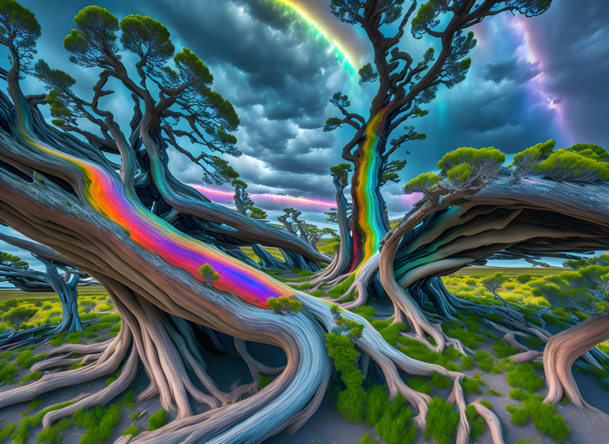 Colorful Twisted Trees in Surreal Landscape with Vibrant Sky