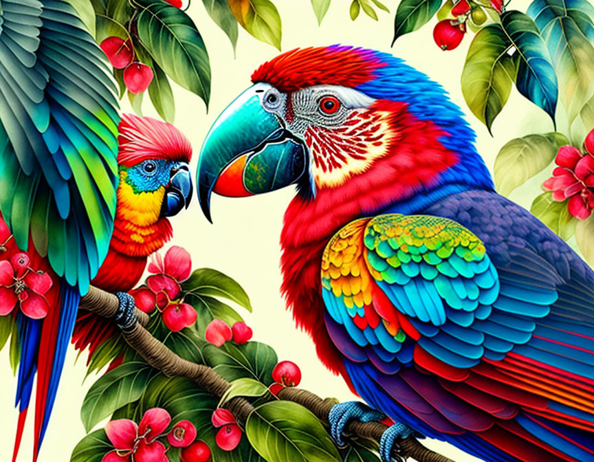 Colorful Parrots Perched on Branch with Green Leaves and Red Berries