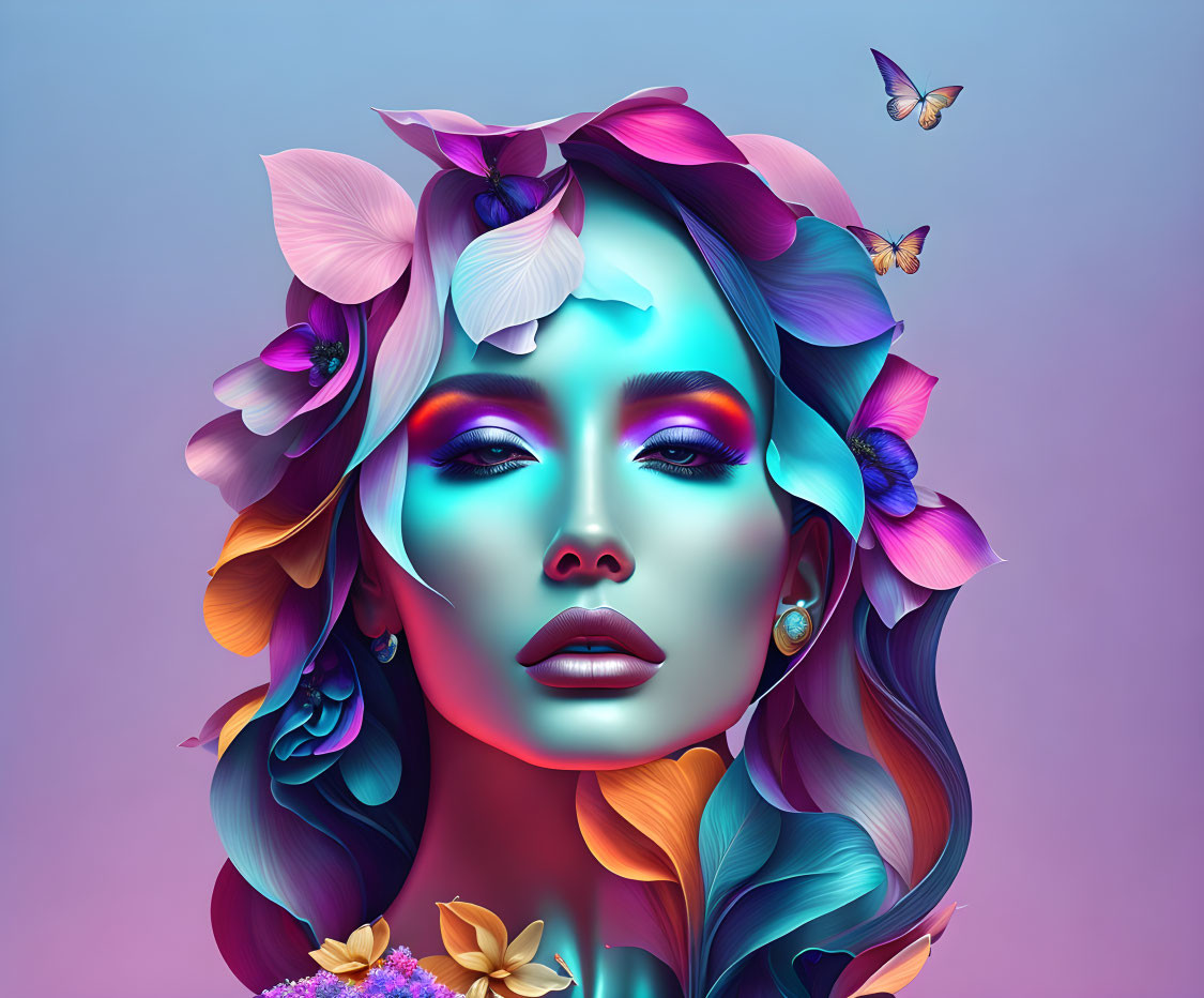 Vibrant blue-skinned woman with flowers and butterflies on pastel background