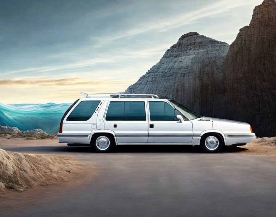 White Station Wagon on Desert Road with Rocky Cliffs