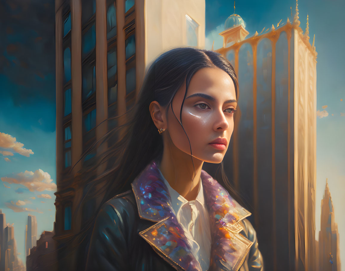 Dark-haired woman in galaxy scarf against sunlit skyscrapers