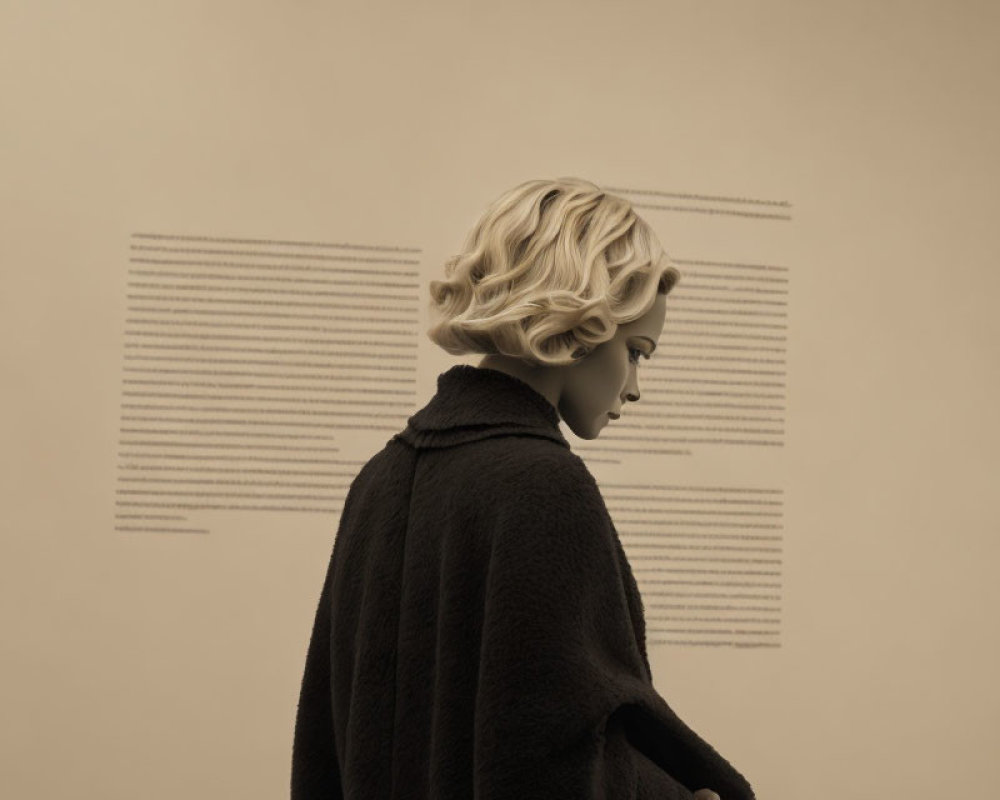 Portrait of pensive individual with short curly hair in dark coat on beige background.