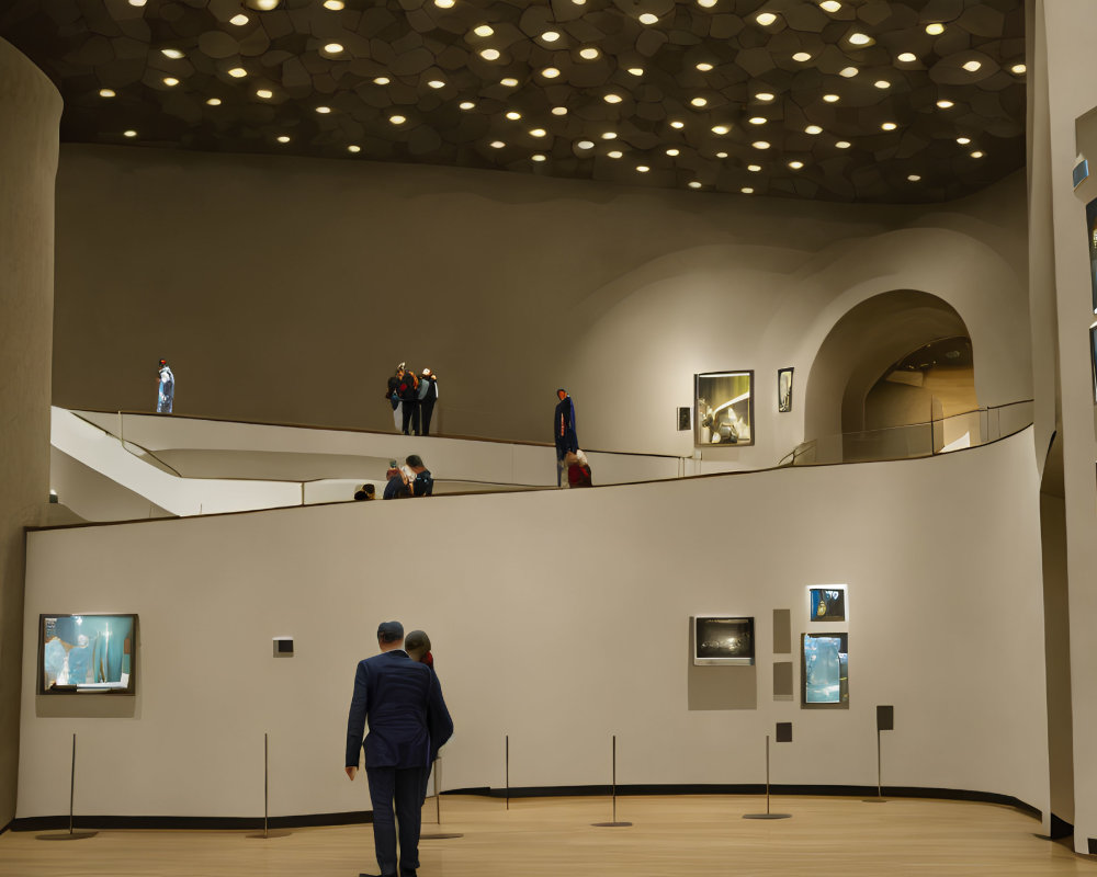 Modern art gallery interior with curved balconies and patterned ceiling