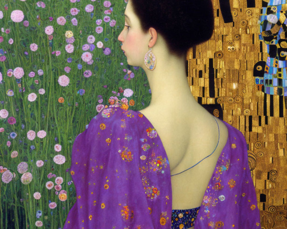 Profile of a Woman in Purple Floral Shawl Against Ornate Backdrop