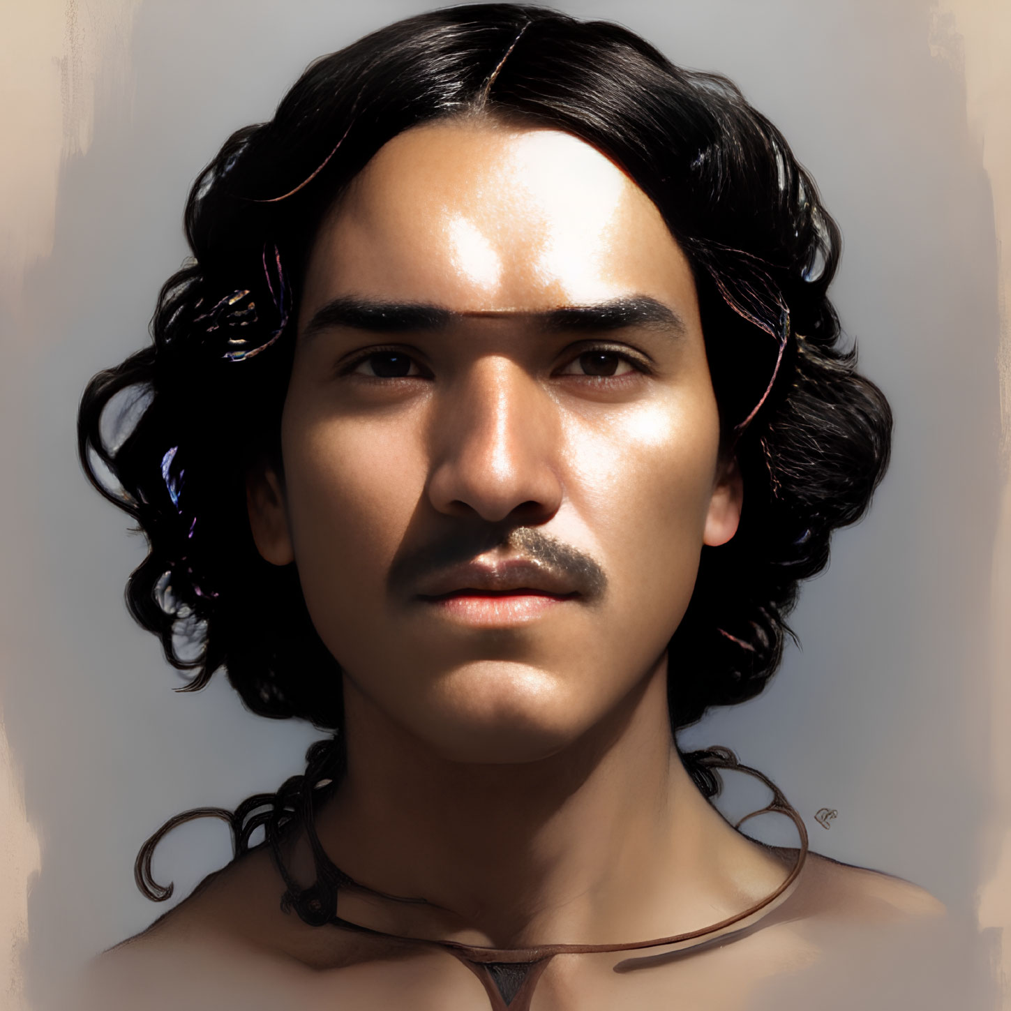 Young man with curly hair and mustache in digital portrait