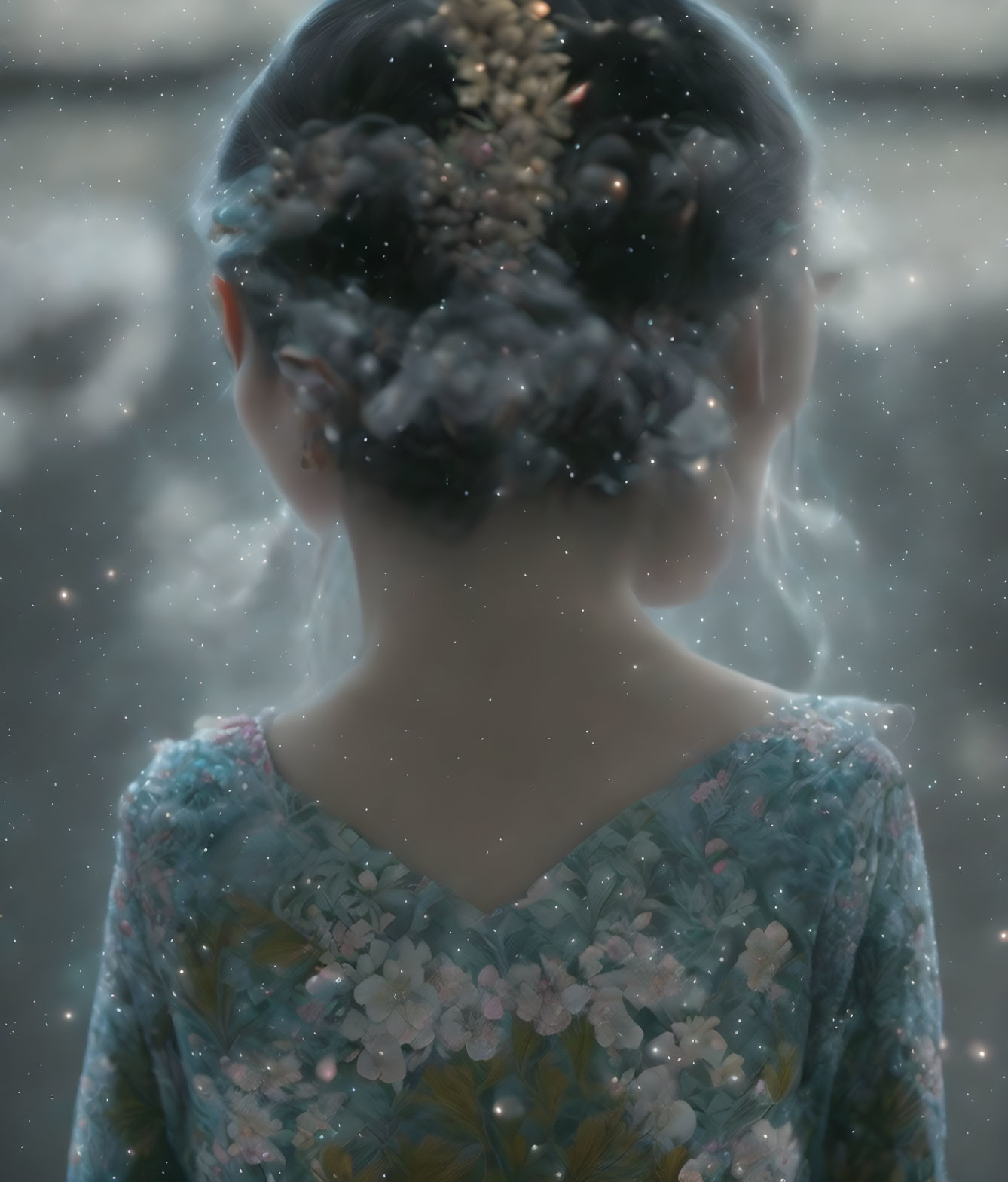 Intricate updo with decorative elements on a girl gazing with ethereal light particles