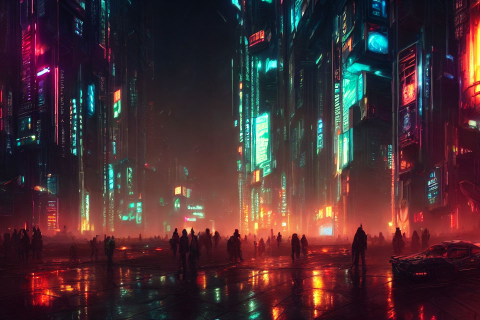 Vibrant neon-lit futuristic cityscape with skyscrapers and bustling street