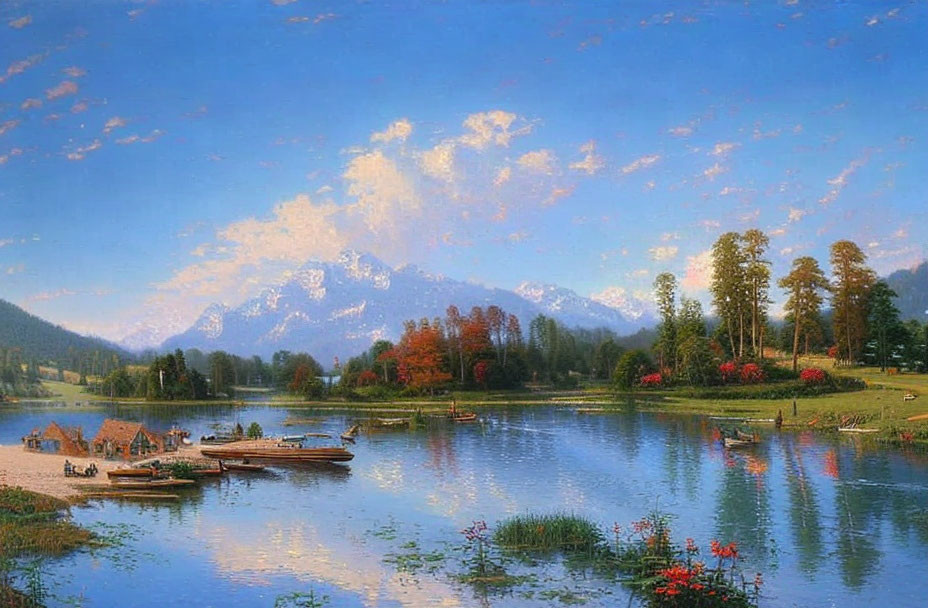 Tranquil landscape painting of lake, boats, trees, and mountains