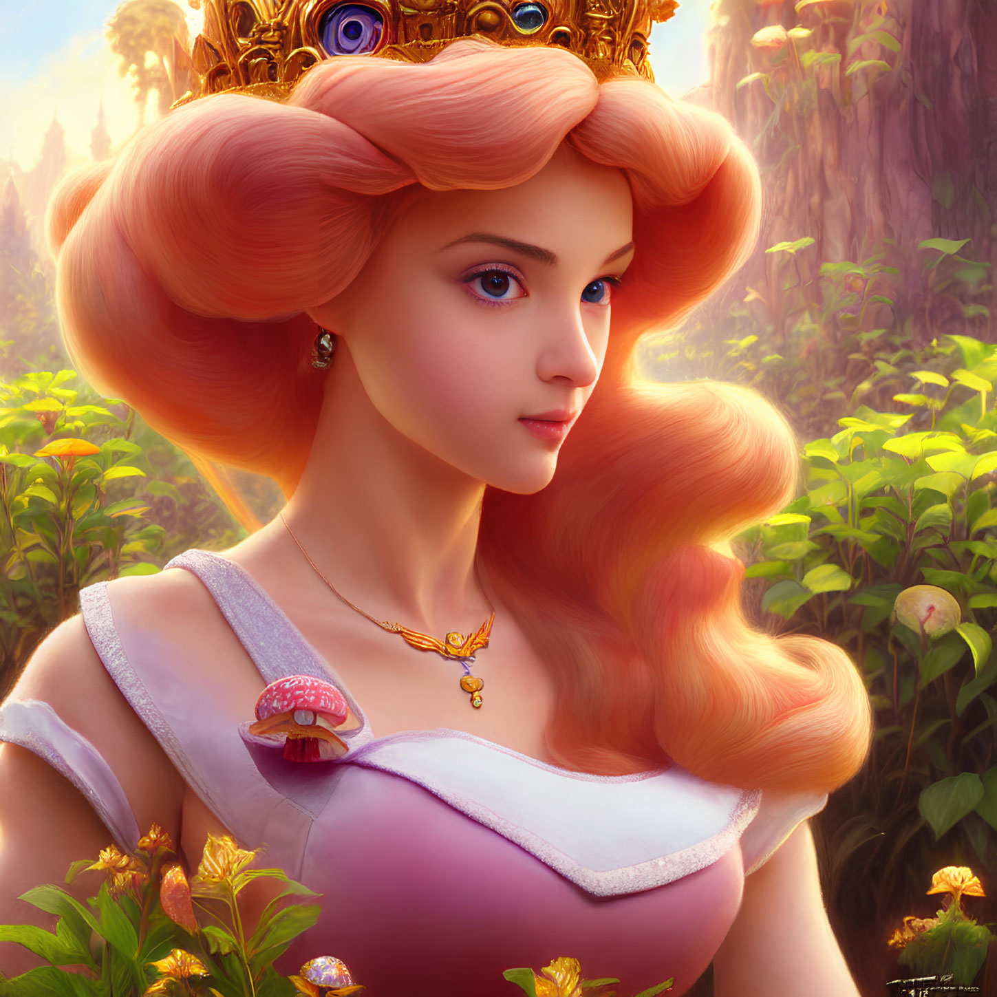 Pink-haired princess with crown and mushroom pendant in enchanted forest