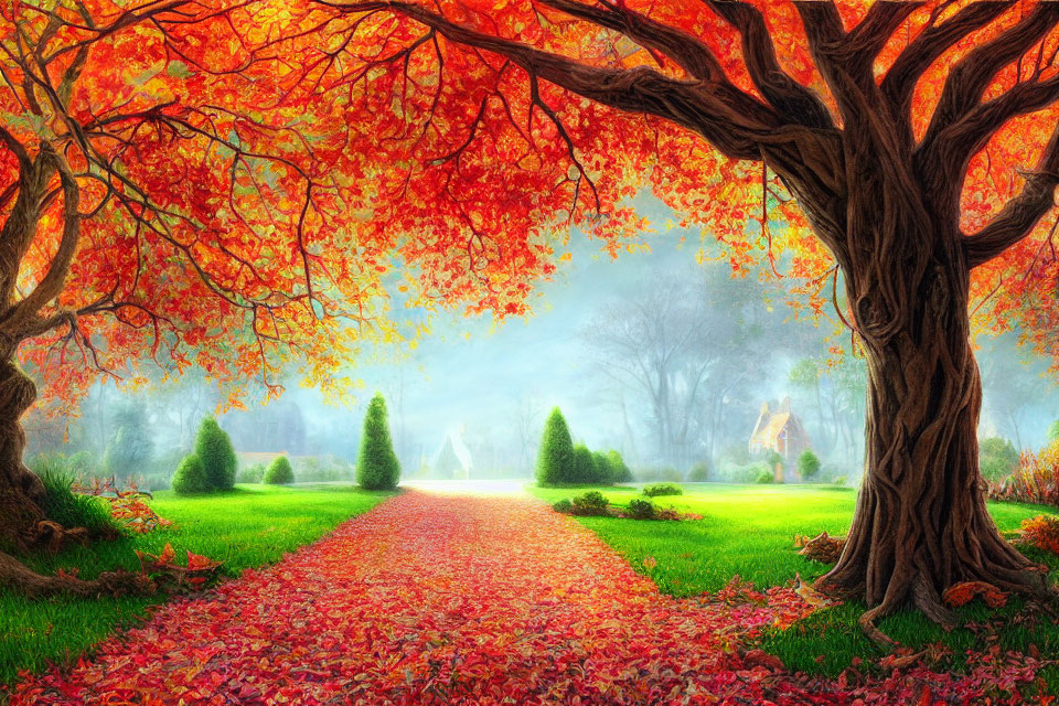 Colorful autumn landscape with red leaves, orange tree, and misty glow