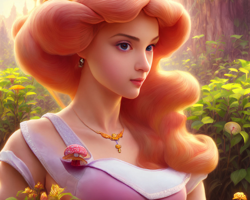 Pink-haired princess with crown and mushroom pendant in enchanted forest