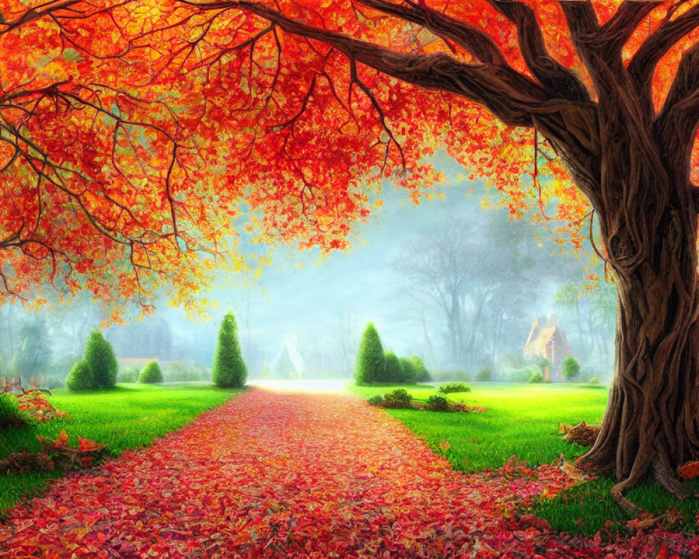 Colorful autumn landscape with red leaves, orange tree, and misty glow