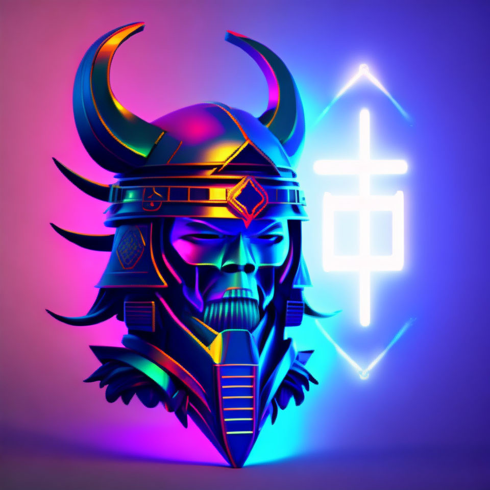 Digital artwork: Stylized samurai helmet with kanji symbol on neon-lit gradient.