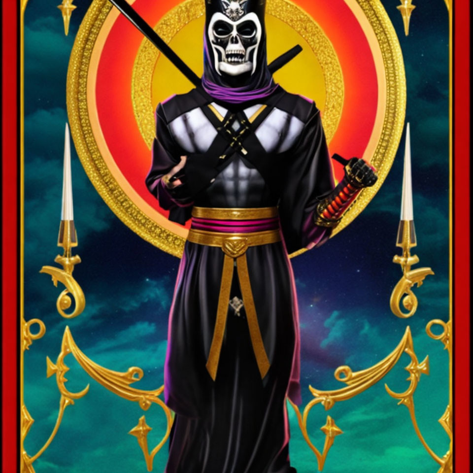 Skeleton-faced character in black and purple robe with scythe against golden crescent & starry background