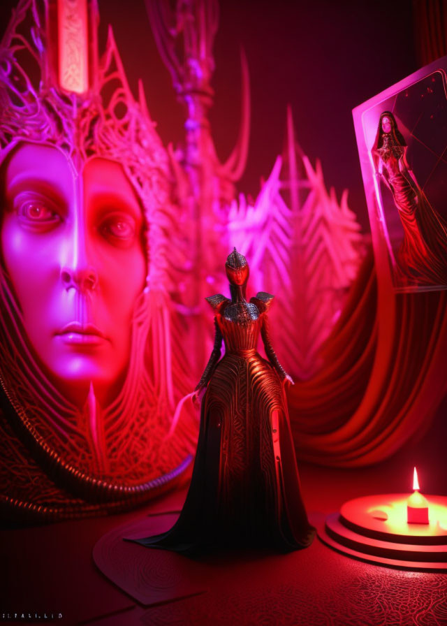 Red-toned fantasy queen figurine with candle and portrait card in ornate backdrop