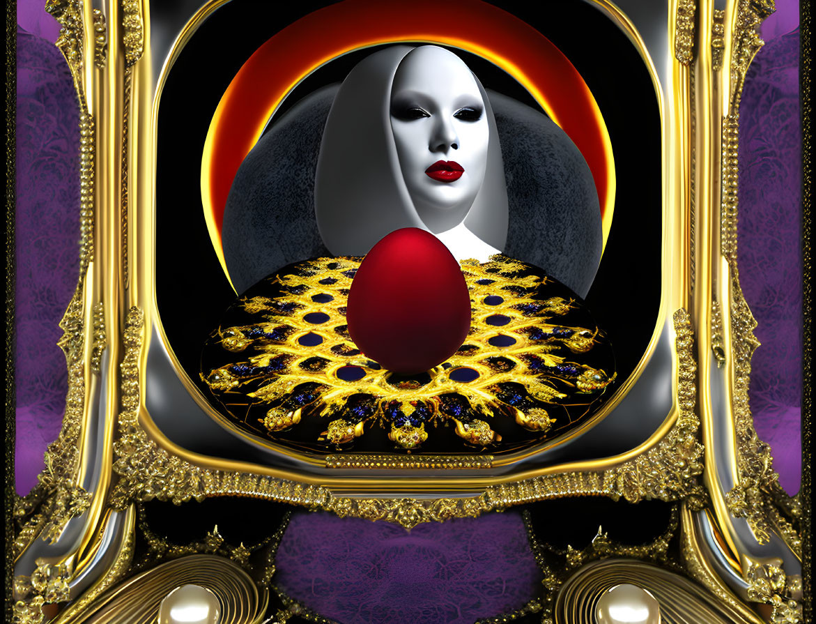 Surreal art: Exaggerated face in eclipse motif with baroque gold and purple details