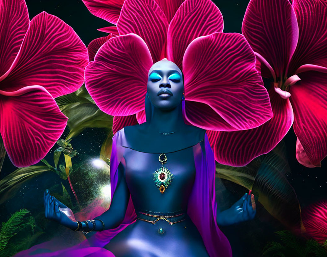 Blue-skinned woman with pink orchids in cosmic setting