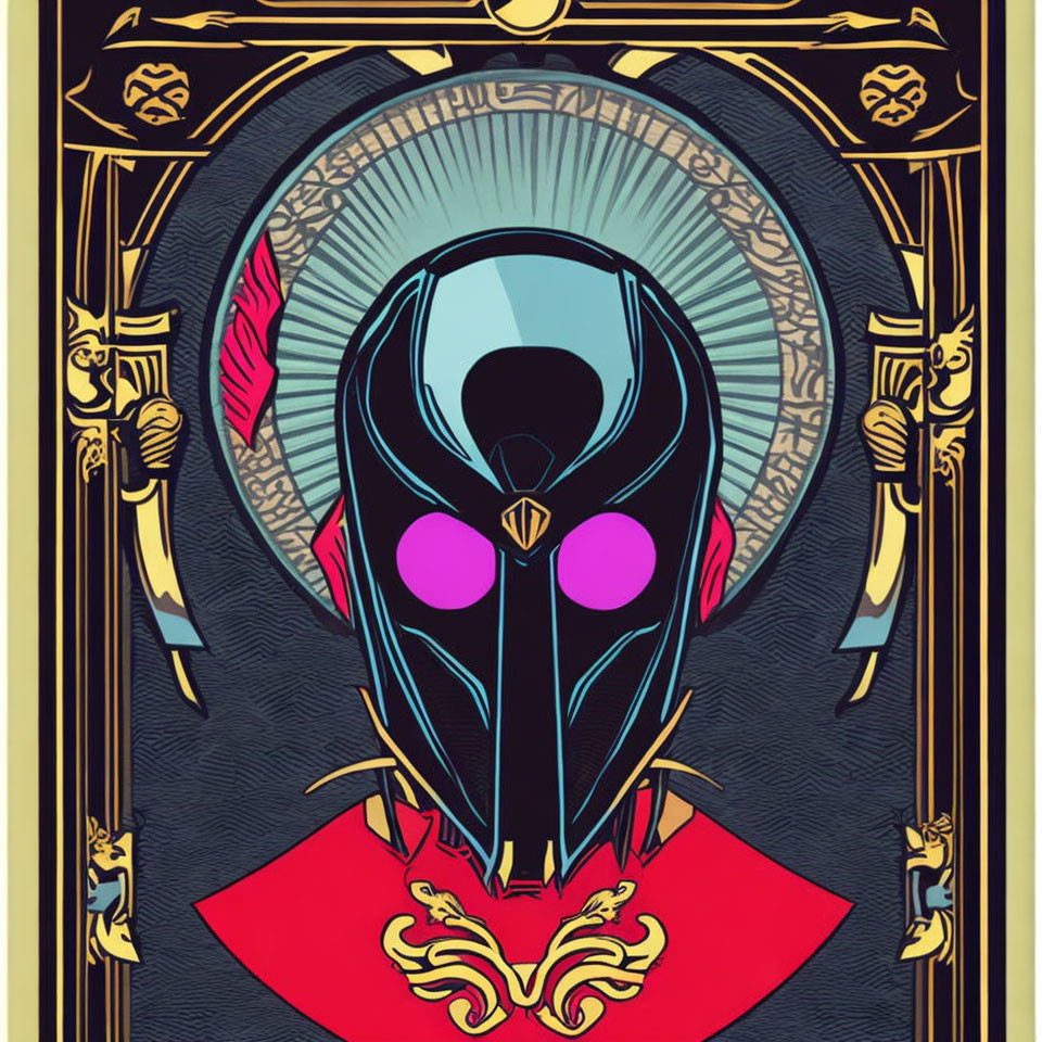 Futuristic art deco illustration: glowing pink-eyed helmet on ornate golden design, blue background