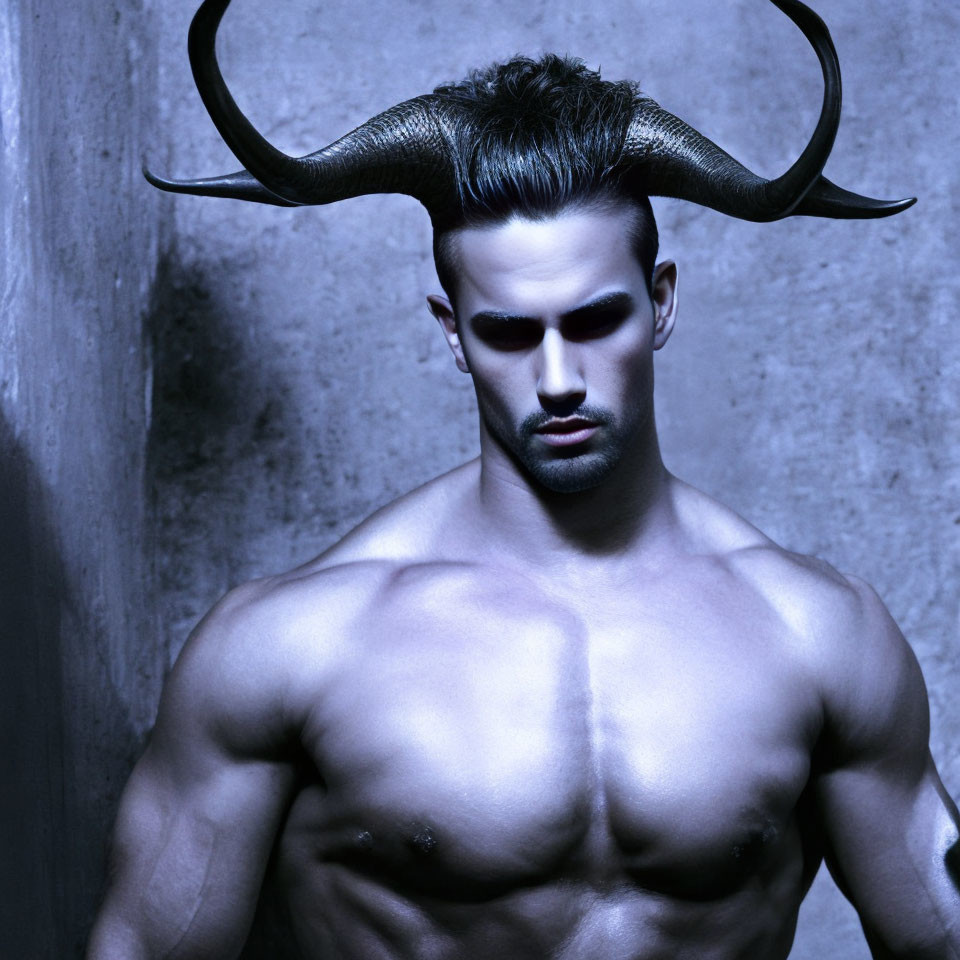 Muscular man with bull horns in dark, mythological setting