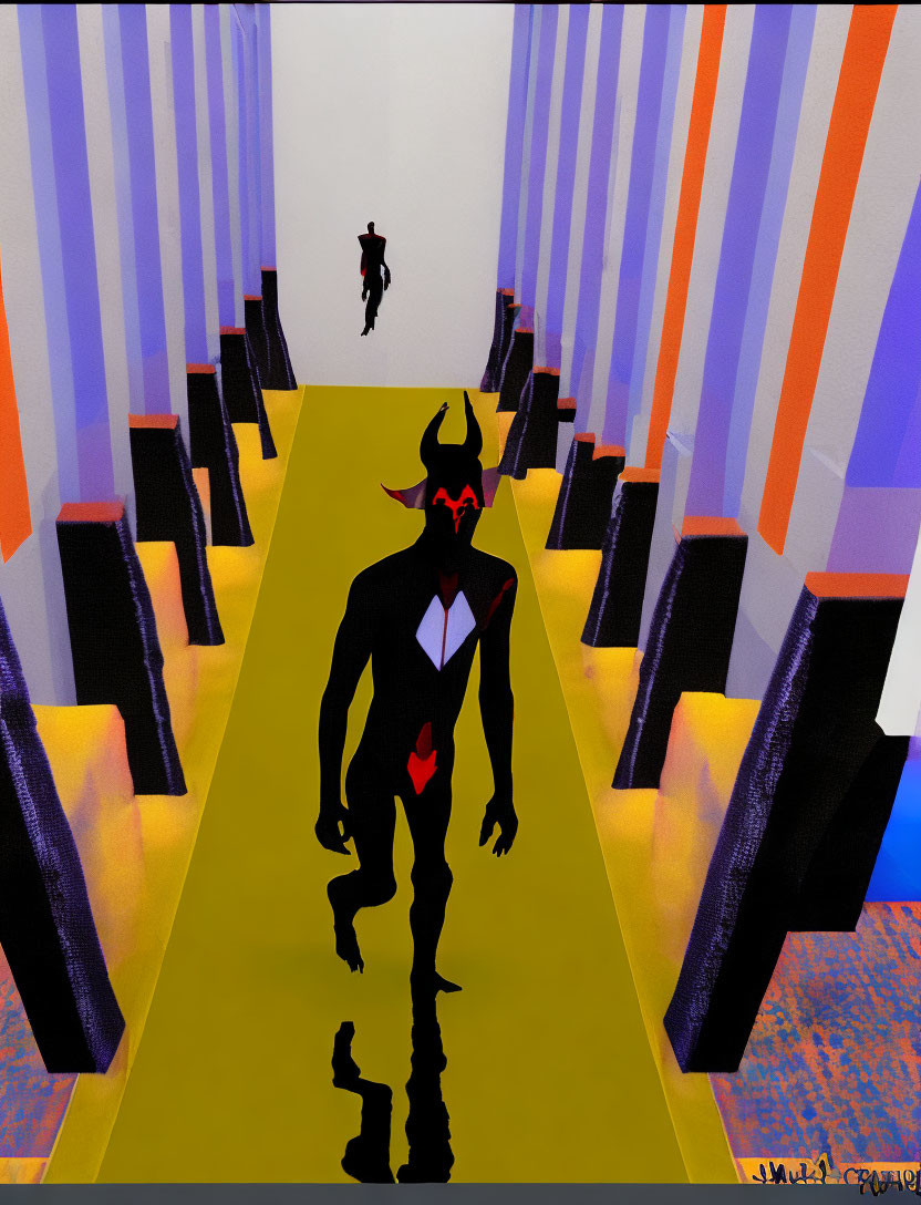 Abstract figure with bull head in hallway with striped walls