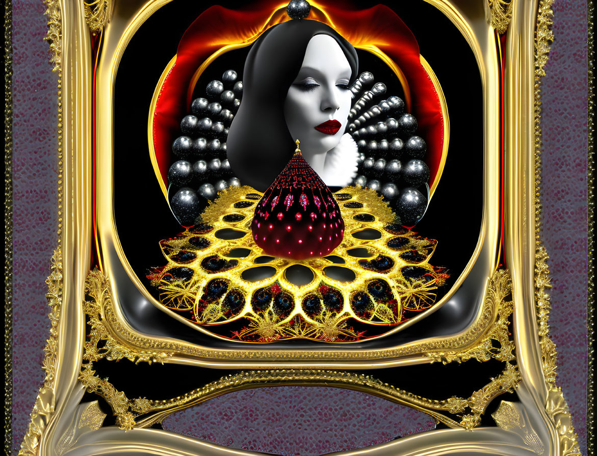 Pale female figure with dark lips in ornate gold frame surrounded by pearls, vibrant patterns, and abstract