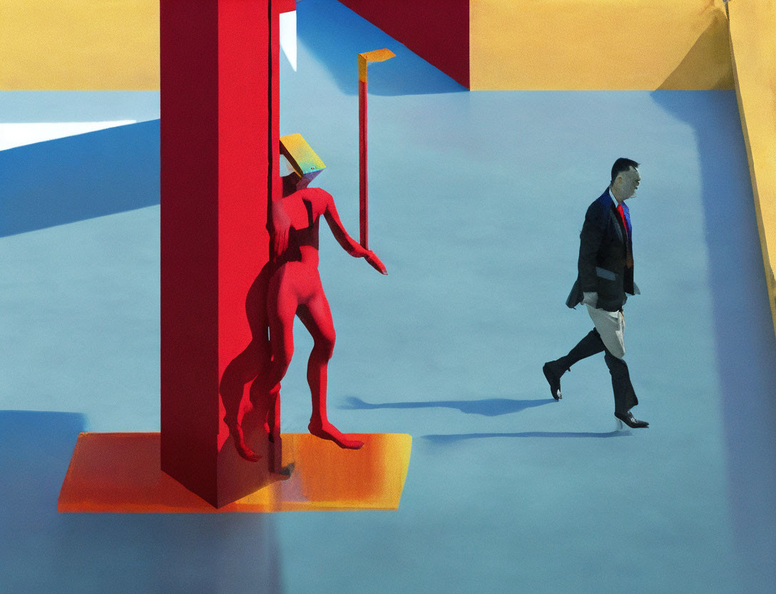 Man in suit passes red human-like figure under geometric structure in surreal setting