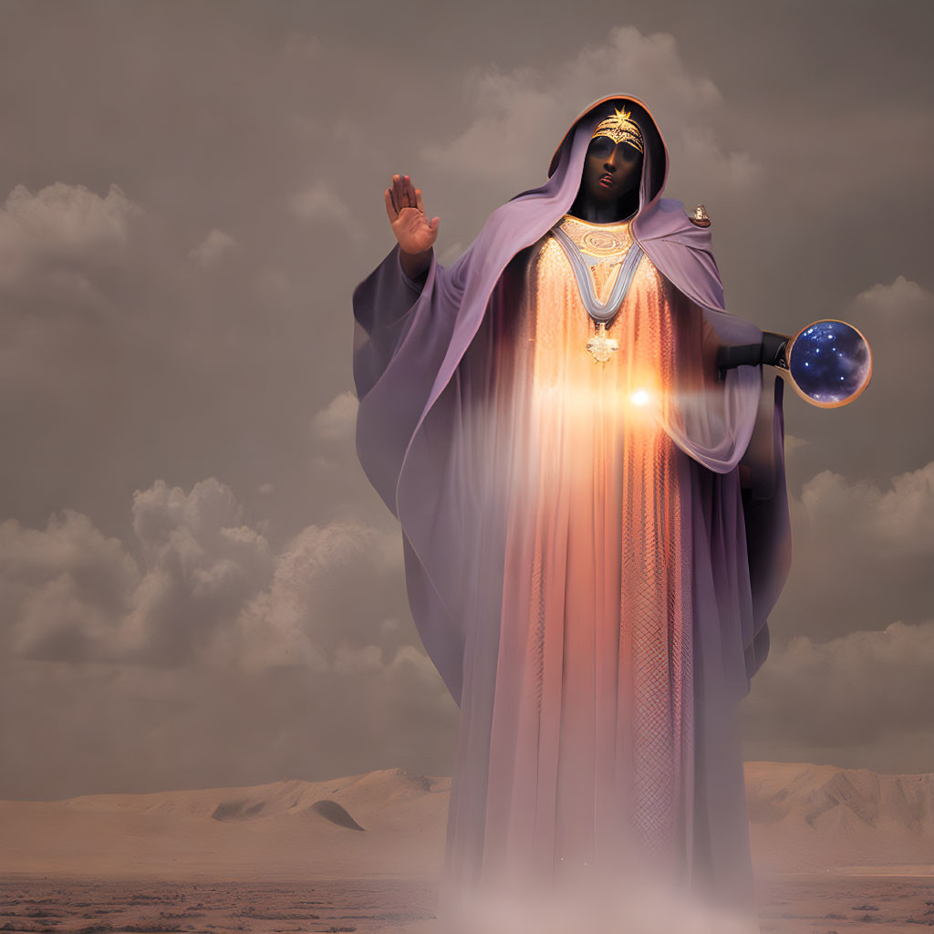 Mystical figure in purple robes with glowing orb in desert landscape