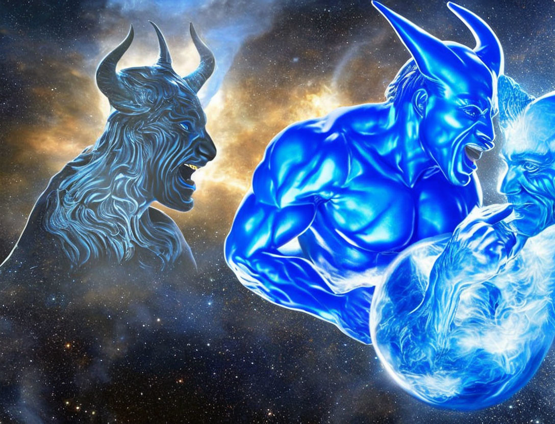 Ethereal blue figures with horns clash in cosmic setting