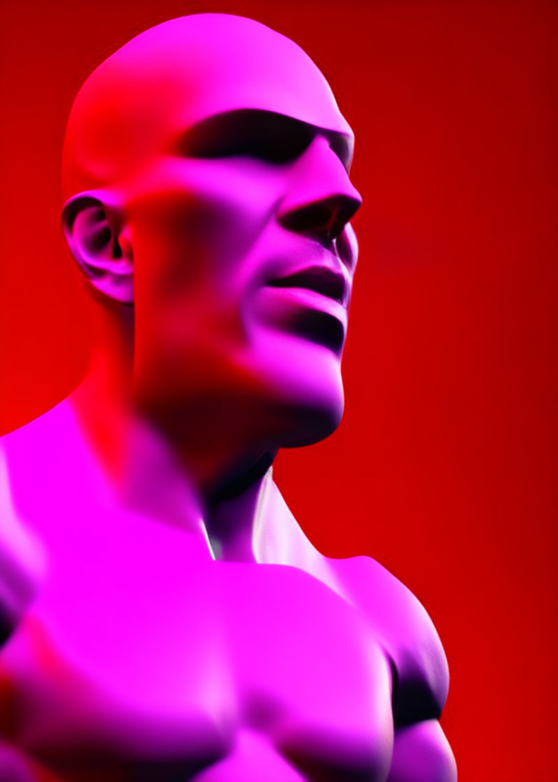 Purple-skinned bald humanoid 3D rendering on red background