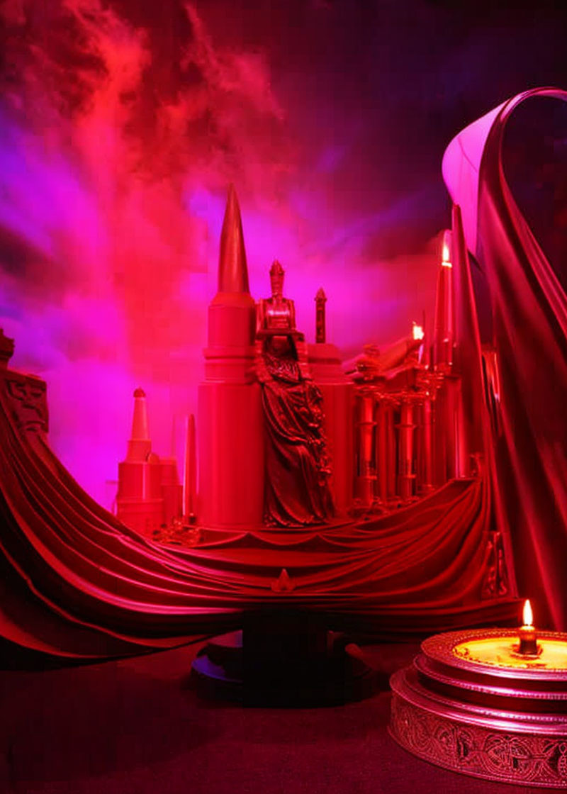 Artistic display with red and purple lighting, cascading fabric, candles, and circular platform