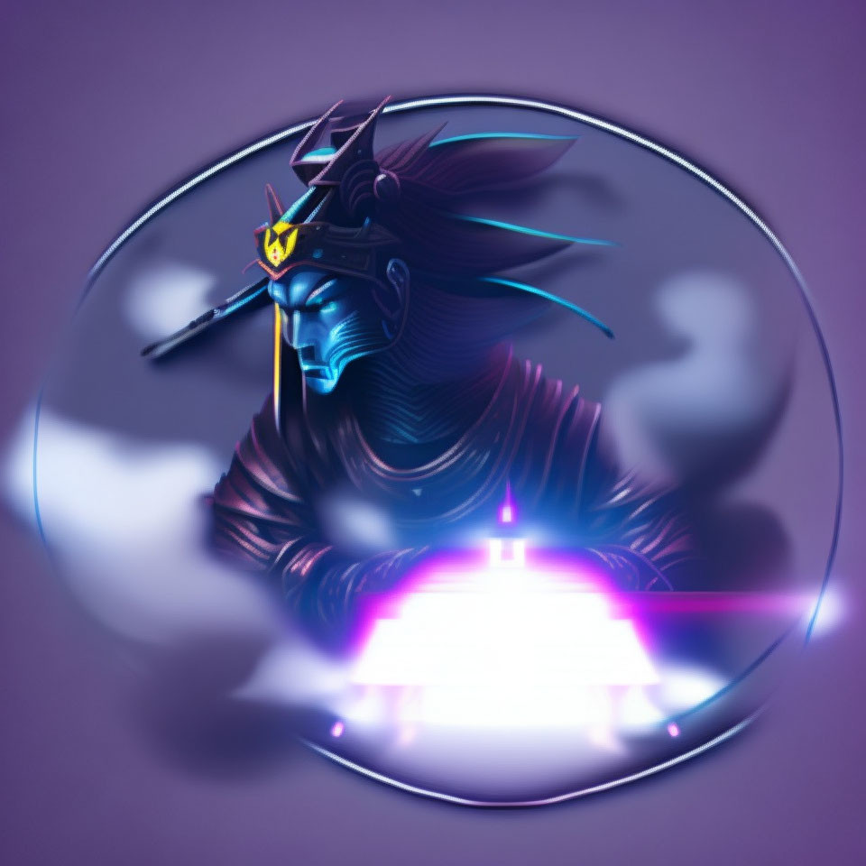 Cybernetic samurai digital art with blue accents on purple background