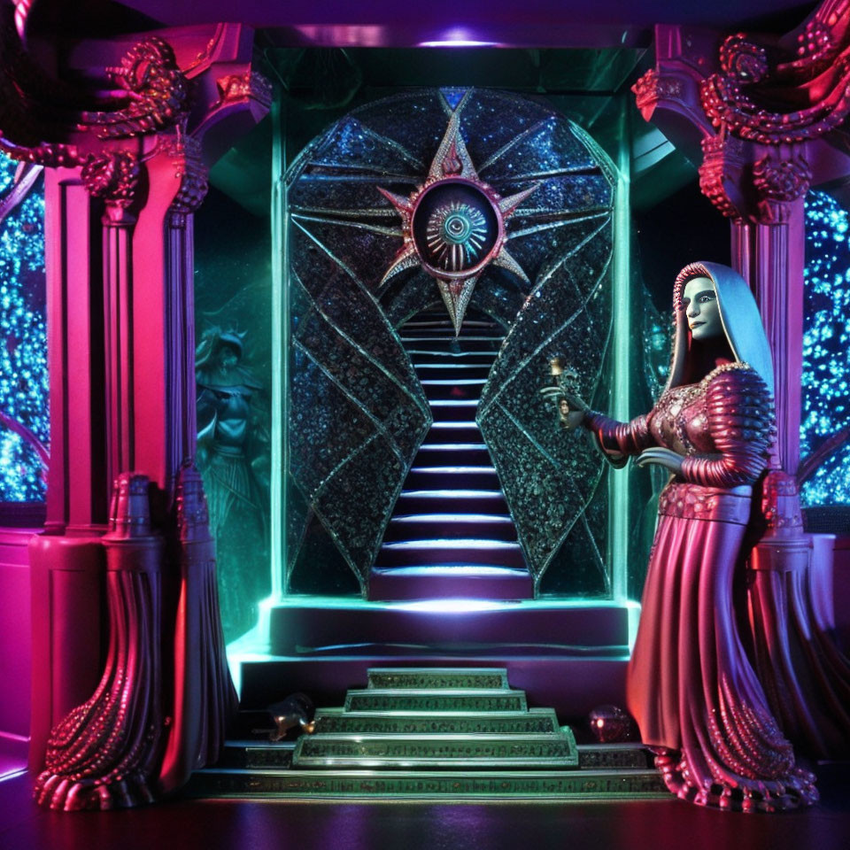 Stylized image of woman with gothic makeup in front of neon-lit staircase with eye motif