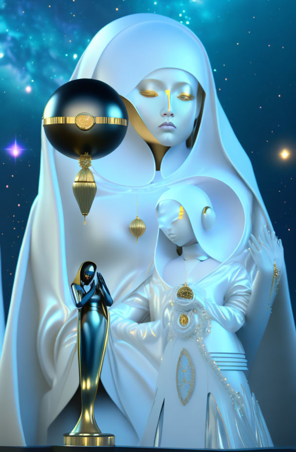 Ethereal figures with gold elements in celestial space